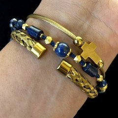 Natural Lapis Gemstone Beaded Bracelet, Handmade Braided Rope, Length adjustable