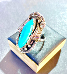 Vintage Sterling Native American 8×24 mm Turquoise Navette Ring Size 5.5 5 1/2
