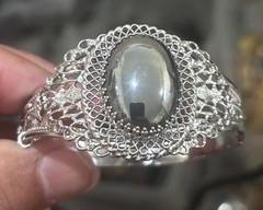 Vintage Whiting Davis Hematite Silver Tone Ornate Hinged Cuff Bracelet