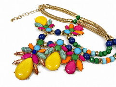 Statement Bib Necklace Pink Blue Yellow Festival Boho Floral Colorful Gold Tone