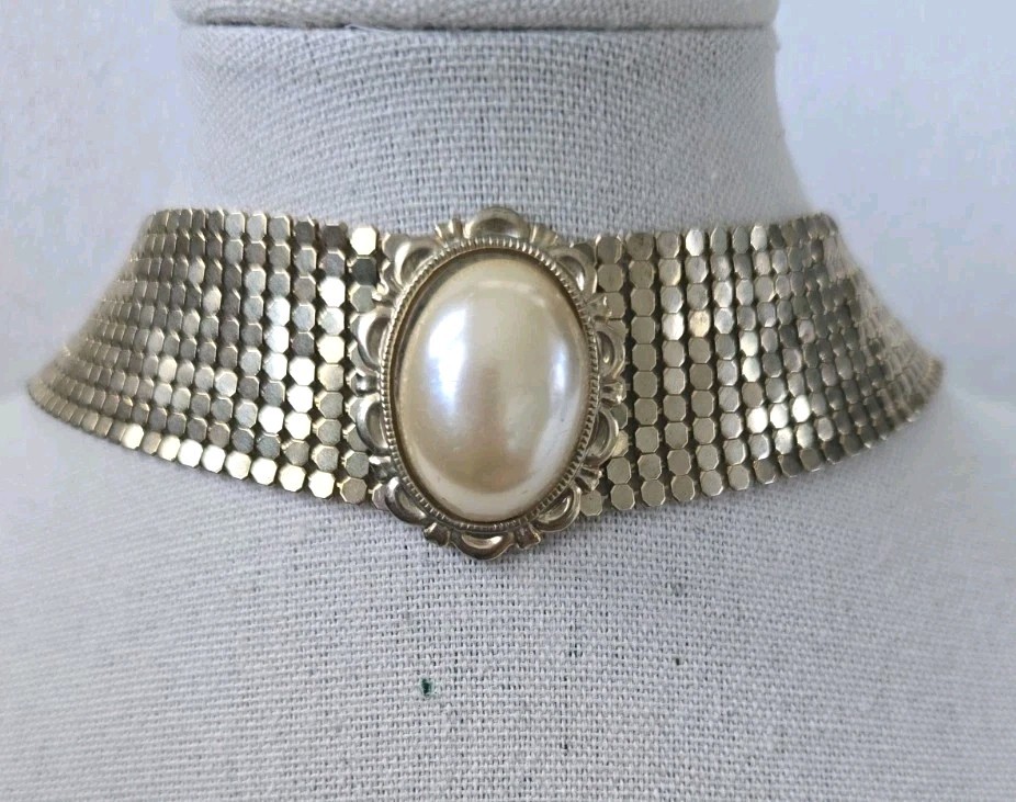 Vintage Style Gold Tone Mesh Choker Faux Pearl Liquid Metal Adjustable 16 Inches