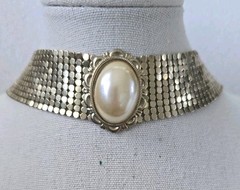 Vintage Style Gold Tone Mesh Choker Faux Pearl Liquid Metal Adjustable 16 Inches