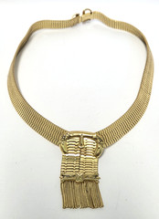 Whiting & Davis Fringe Buckle Necklace Vtg Gold Plated Mesh Metal 17″ Band 1/2″