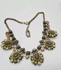 Green Flower Crystal Rhinestone Necklace Gold tone Couture 21 in