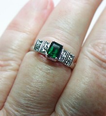 Vintage Asscher Diamond Emerald Platinum Ring Band