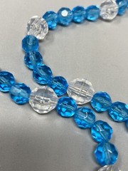 Glass Bead Necklace Blue Faceted Beads Flower Lampwork Center White Acrylic 21″