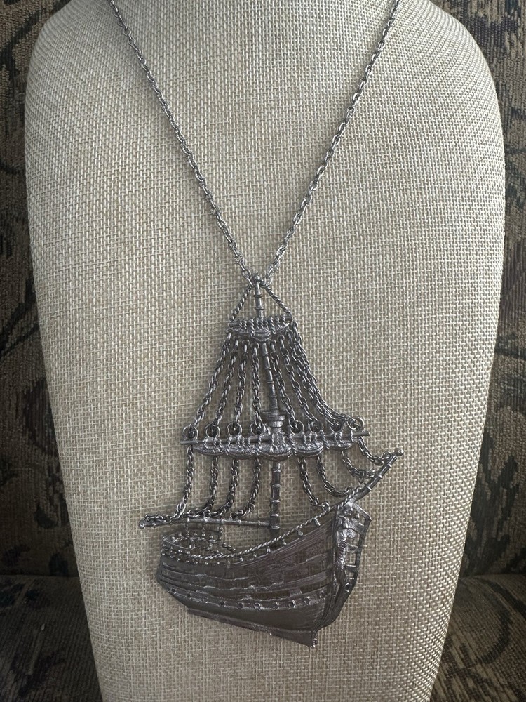 Vintage Sailing Ship Necklace Silver Tone Big Nautical Pendant Brutalist 60s 70s