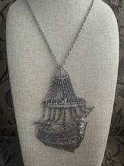 Vintage Sailing Ship Necklace Silver Tone Big Nautical Pendant Brutalist 60s 70s