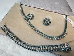 VTG B. David Faux-Emerald Rhinestone F Seed Pearl Necklace Earrings Bracelet SET