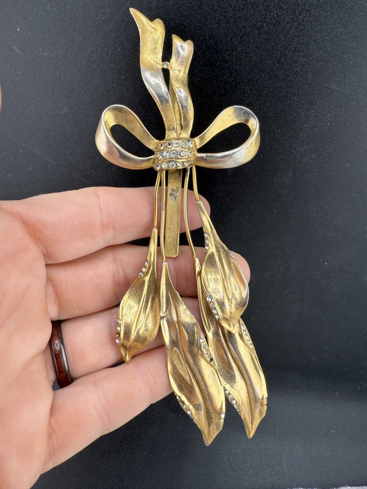 Vintage Bow Brooch Gold Tone Heavy Rhinestones READ
