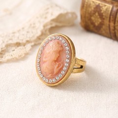 Vintage Pink Cameo Ring, Antique Gold Statement Ring, Rhinestone Halo