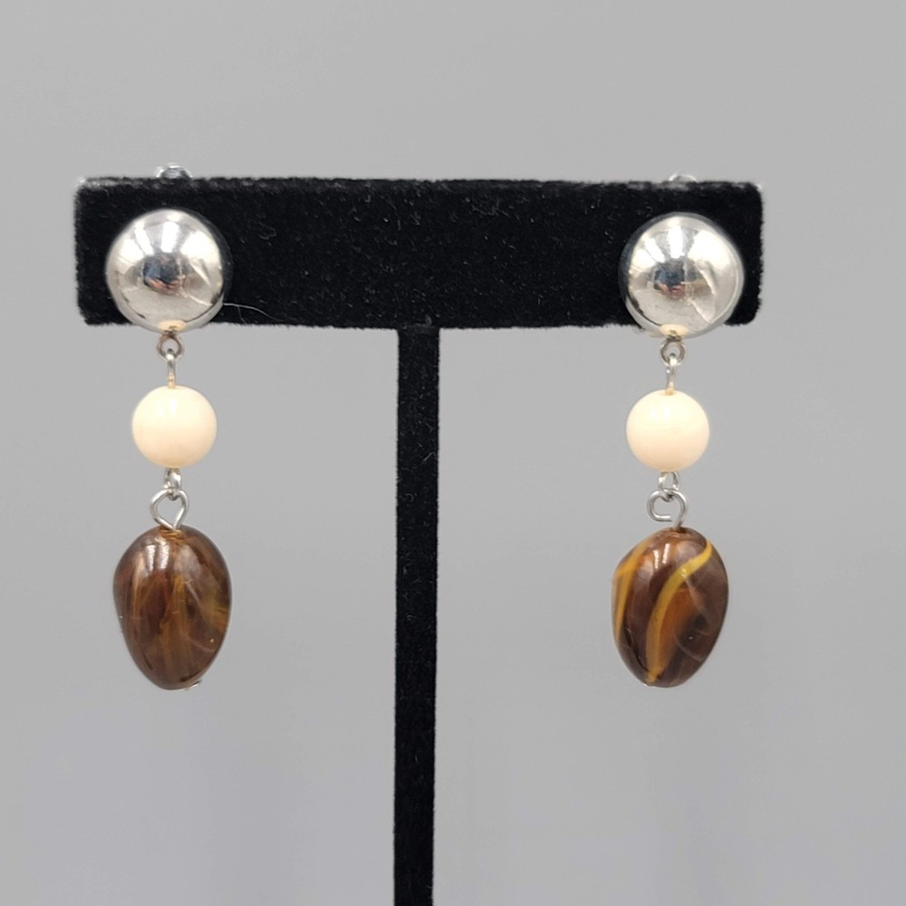 Vintage Cream & Brown Bead Clip on Earrings Silver tone Dangle 1.75 in