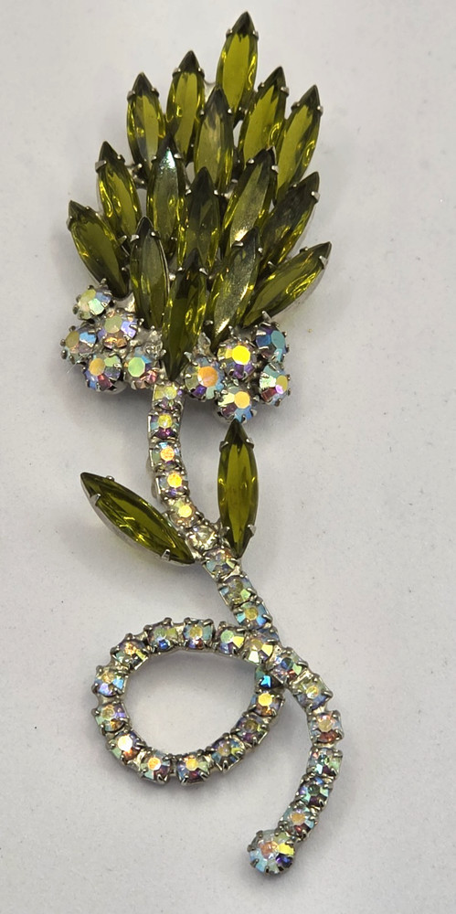 Vintage Aurora Borealis Rhinestone Floral Leaf Plant Brooch
