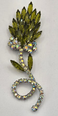 Vintage Aurora Borealis Rhinestone Floral Leaf Plant Brooch