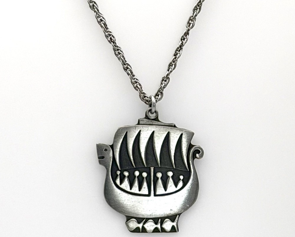Pewter R Tennesmed Sweden Viking Ship Pendant Necklace Scandinavian Modernist