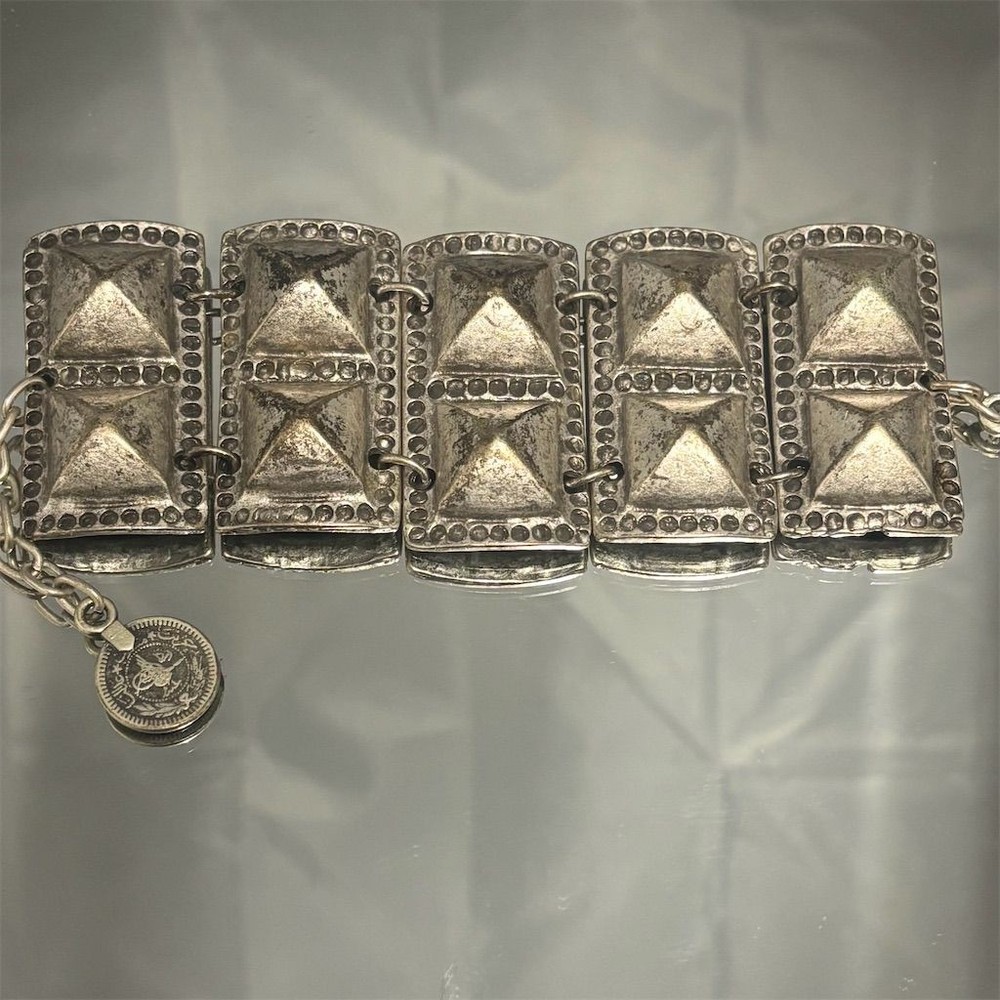 Vintage Brutalist Wide Panel Bracelet Silver Tone Pyramid Design Coin Charm 7.5