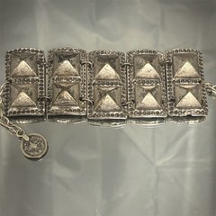 Vintage Brutalist Wide Panel Bracelet Silver Tone Pyramid Design Coin Charm 7.5