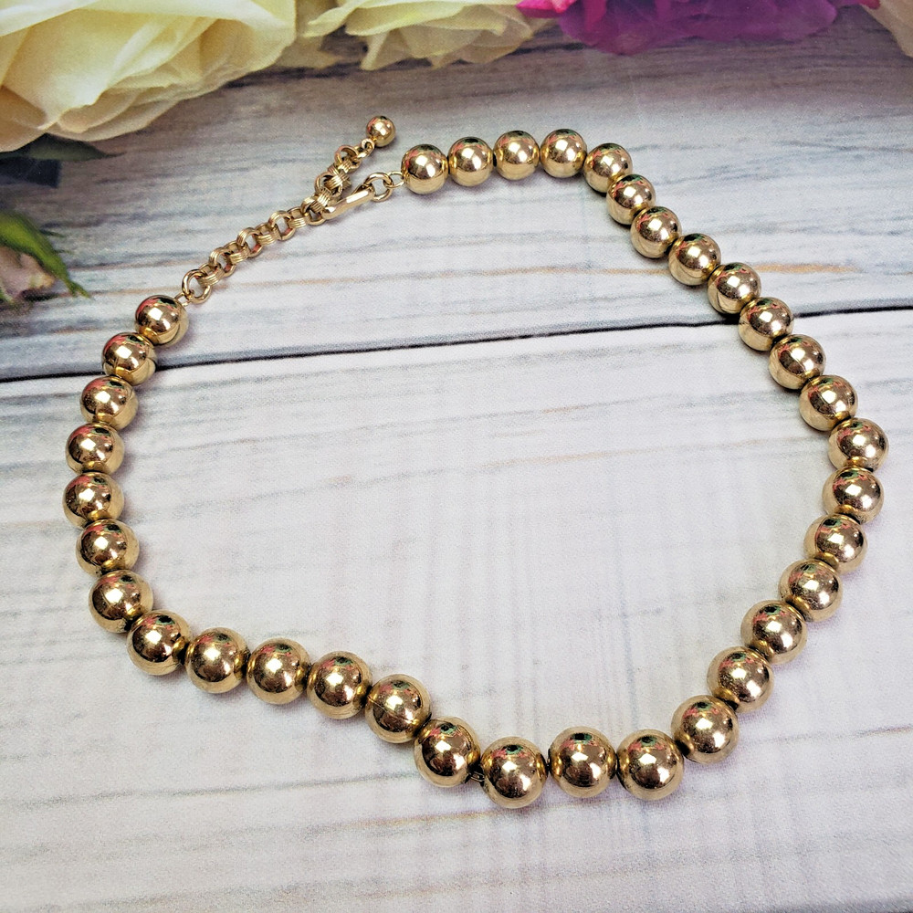 Vintage Unsigned Gold Tone Metal Beaded Necklace Metal Beads on Chain Choker