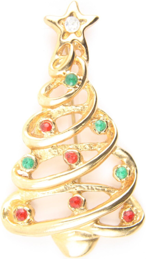 Cute Vintage Gold Tone Christmas Tree Brooch Pin Red Green Ornament Rhinestone