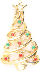 Cute Vintage Gold Tone Christmas Tree Brooch Pin Red Green Ornament Rhinestone