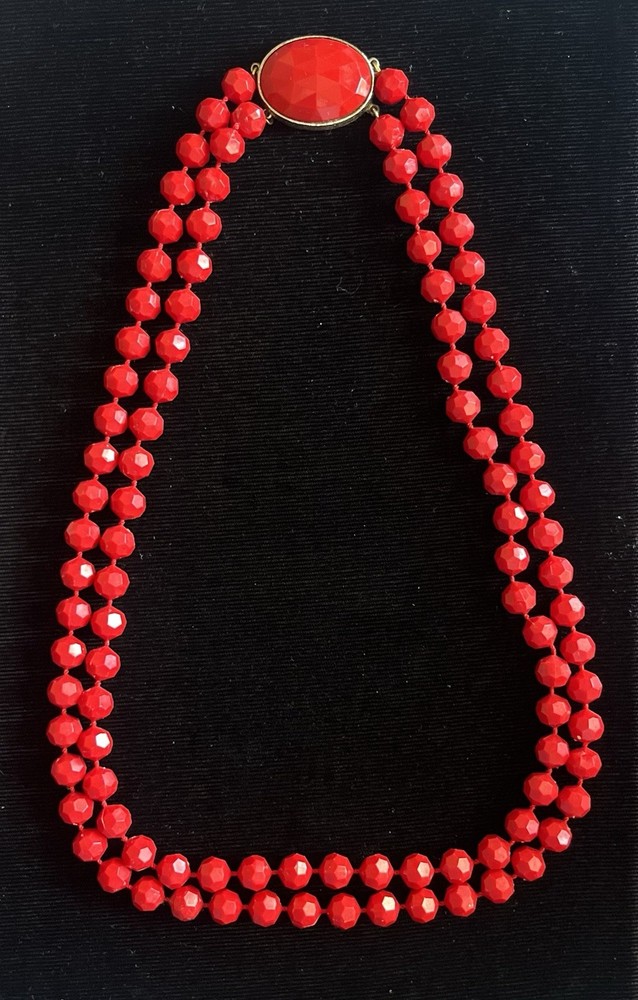 Vintage Very Red Faceted Double Strand Plastic Bead necklace
