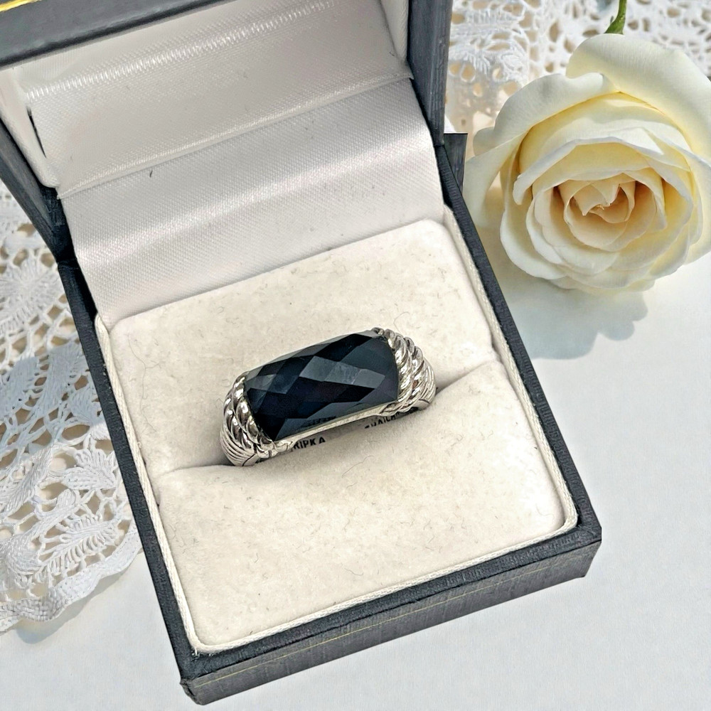 Judith Ripka 925 Sterling Silver Rope Accent Faceted Black Onyx Ring, size 8.25