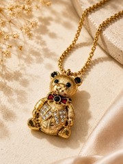 Vintage Teddy Bear Locket Necklace Gold Tone Rhinestone Hidden Honey Pot 34”