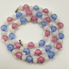 Vintage Art Glass Necklace 22” Pastel Pink Blue White Beads Barrel Clasp