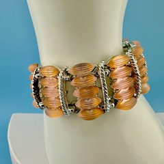 Vintage Bracelet Peach Pink Melon Frosted Lucite Thermoset Silver Tone Wide 6″