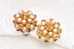 Vintage HOBE Citrine Orange Rhinestone Pearl Cluster Dome Screw Back Earrings