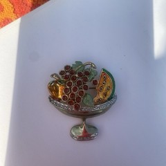 Vintage Fruit Bowl Brooch Apple Watermelon Grapes Gold Tone