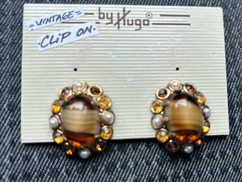 VTG West Germany Orange and Brown Porphyry Glass Rhinestone and Pearl Earrings