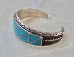 Heavy Inlay Channel Set TURQUOISE ZUNI Stamped STERLING Silver Overlay BRACELET