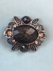 Acrylic Faceted Black Oval w Ornate Floral Silvertone Frame & Clear Rhinestone