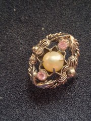 Western Germany pearl & pink rhinestone silver-toned floral ring. SZ 5.75