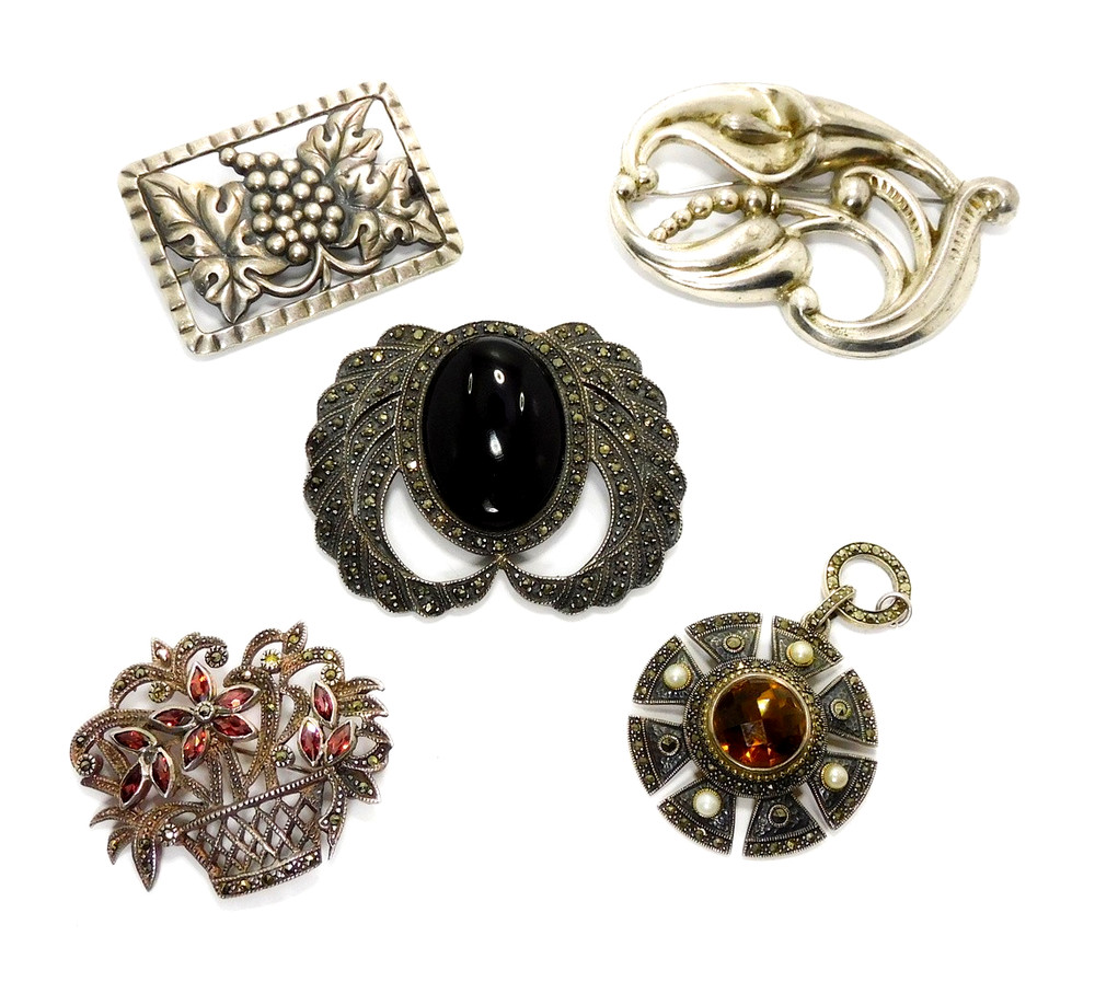 Antique Vintage Sterling Silver Art Nouveau Art Deco 4 Brooches 1 Pendant Lot