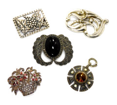 Antique Vintage Sterling Silver Art Nouveau Art Deco 4 Brooches 1 Pendant Lot