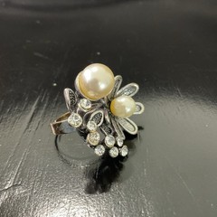 Vintage Adjustable Rhinestone, Pearl & Silver Tone Cocktail Ring, Statement EUC