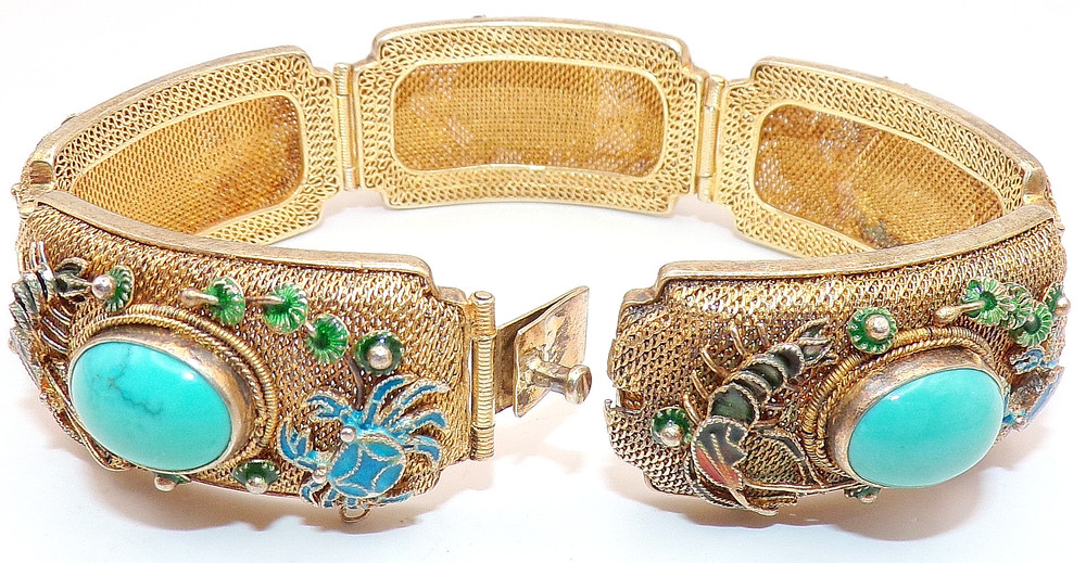 GORGEOUS CHINESE STERLING SILVER 5 Link FILIGREE ENAMEL CORAL Bracelet 7.5″ Long