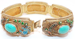 GORGEOUS CHINESE STERLING SILVER 5 Link FILIGREE ENAMEL CORAL Bracelet 7.5″ Long