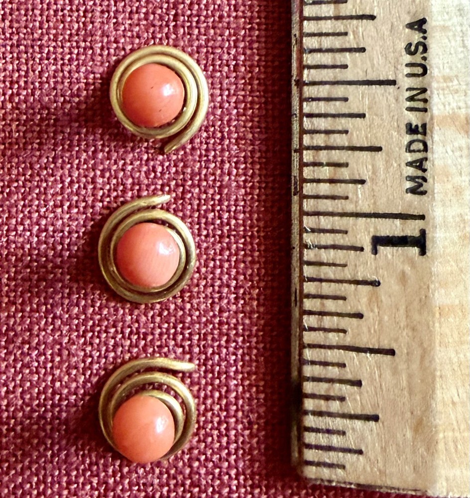 Original Antique Victorian Three Gold-Tone Metal & Coral Tuxedo Shirt Studs