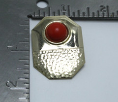 Vintage MCM Hammered Gold Tone Hammered Octagon Brooch Modern Red Cabochon