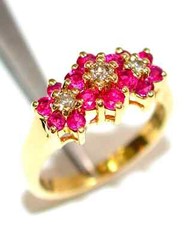 Vintage Flower Ring 14K Yellow Gold Plated Round Tester Pass Moissanite & Ruby