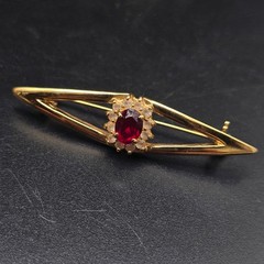Red Rhinestone Art Deco Brooch Gold Tone Vintage Costume Jewelry