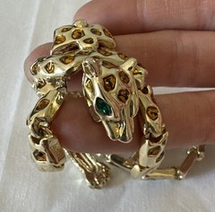 VTG Articulated Leopard Shoulder Brooch Gold Tone Amber Enamel Big Cat Pin 1980s