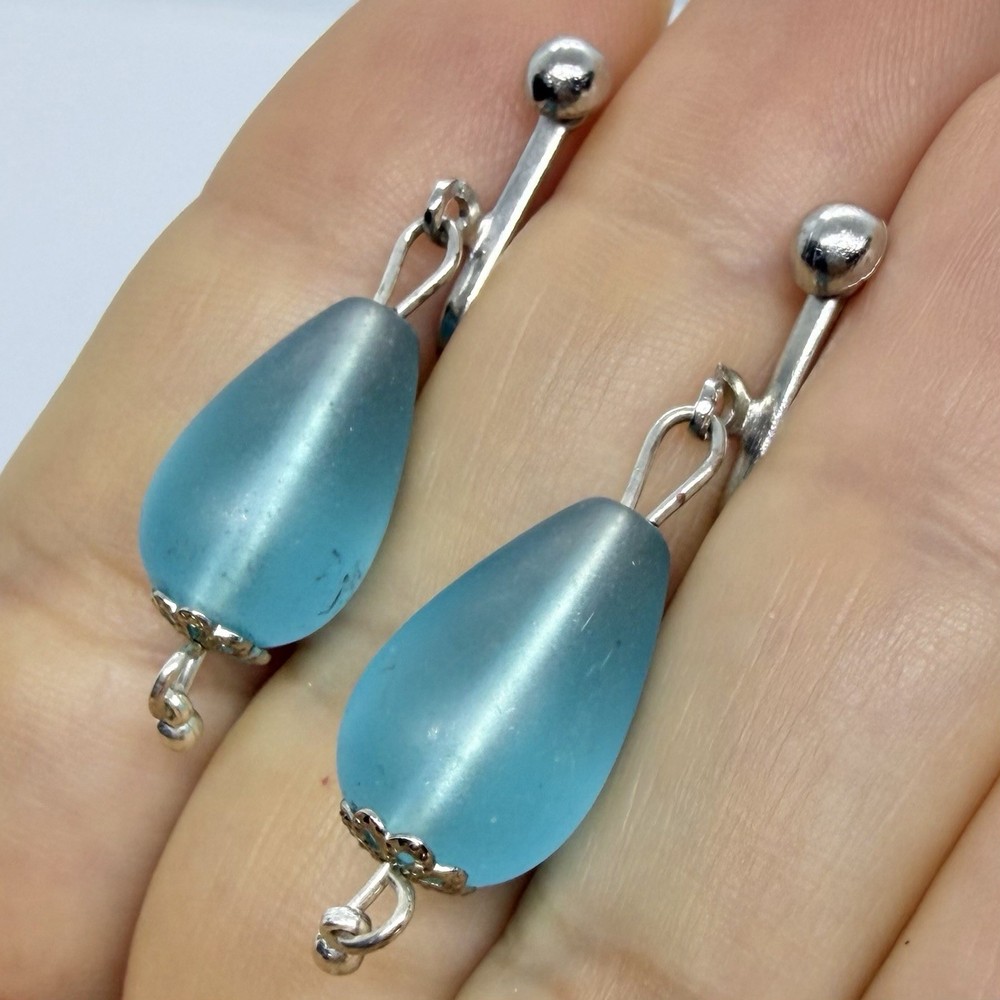 Vtg Frosted Blue Glass Teardrop Silvertone Bead Dangle Earrings Clip-on