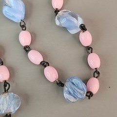 Vintage Art Deco Beaded Necklace Blue Givre Pink Milk Glass 59″ Long Flapper