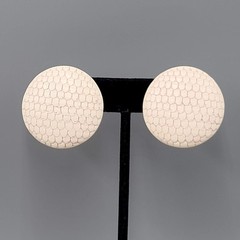 Vintage Hand Carved Clip on Earrings White Round Large Statement 1.25 in