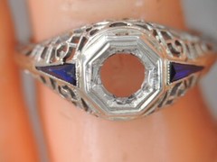 VINTAGE ART DECO 18K WHITE GOLD SAPPHIRE FILIGREE SEMI MOUNT RING 5 1/2