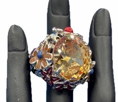 Vintage Floral Cocktail Ring Yellow Faceted Stone Multicolor Enamel Adjustable